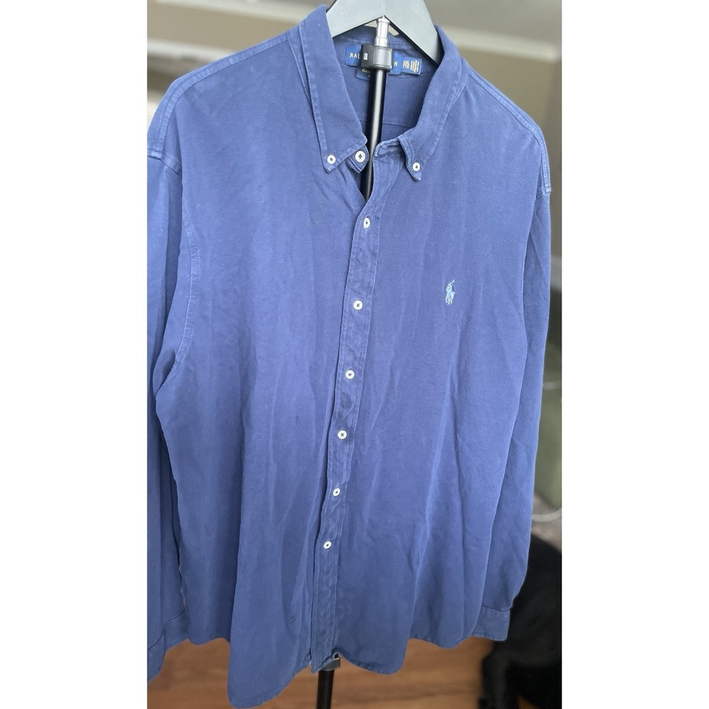 Ralph Lauren Men's Navy Blue Long Sleeved Mesh Cotton Polo Shirt Size 2XL